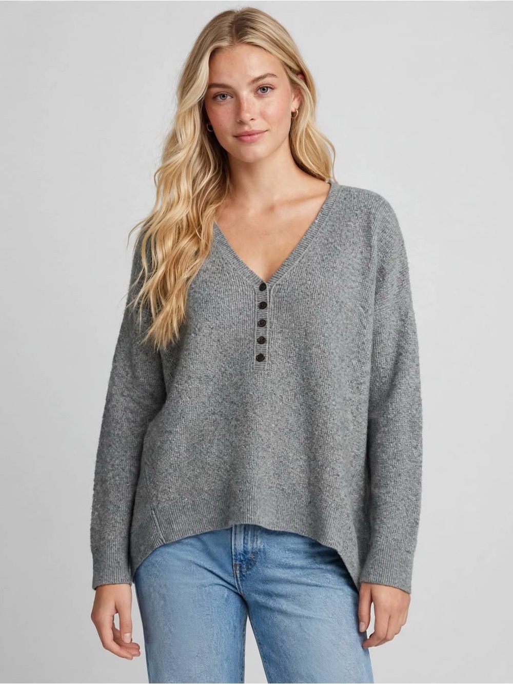 Madewell Heather Gray V-Neck Button-Front Knit Sweater